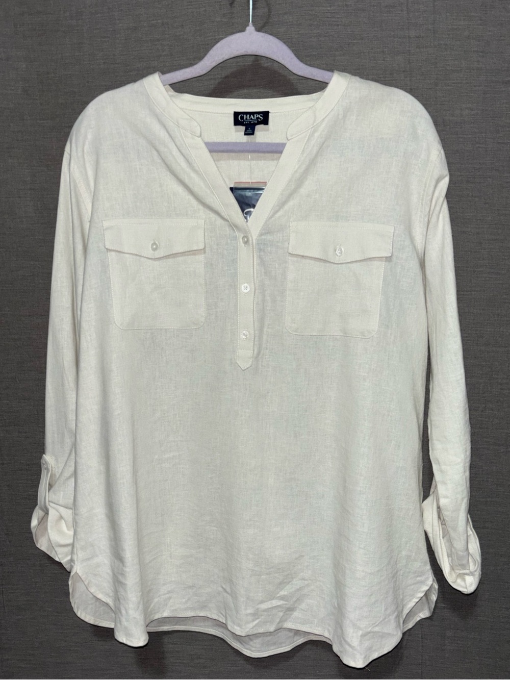 Chaps White Linen Blend Roll-Tab Blouse – Large – NWT